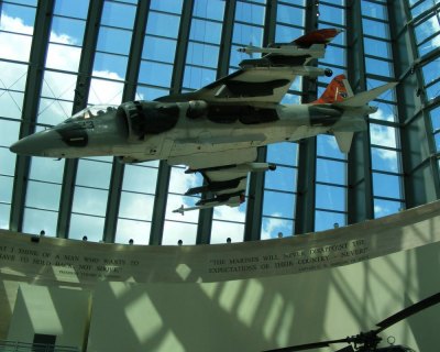 The collection of planes in the museum includes a Harrier "jump jet," capable of vertical takeoff like a helicopter. Image:StudyHall.Rocks.